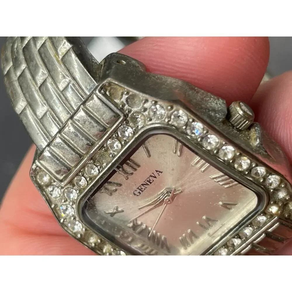 Geneva Classy Rhinestones Bezel Silver Tone Cuff Band Wristwatch Water Resistant